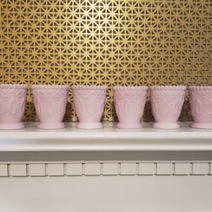 SET OF 6 PINK MILKGLASS VOTIVE HOLDERS
